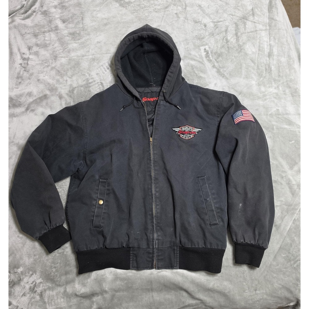 Vintage Snap-on Jacket Mens Large Black Canvas Hooded Bomber Workwear USA Flag